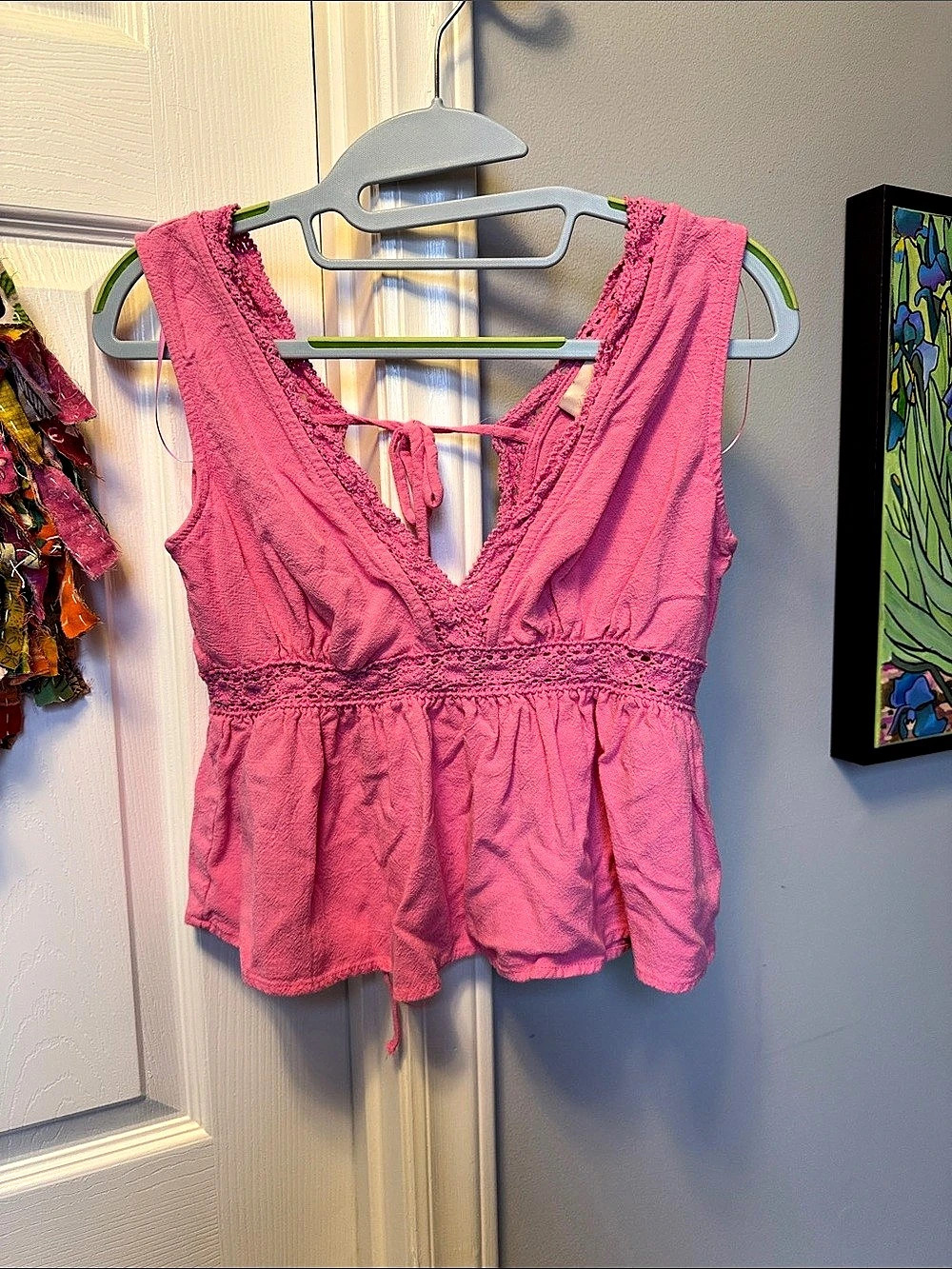 GLG Pink Lace Trim Tie Back Blouse Size Medium